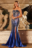 Sparkly Mirror Royal Blue Beaded Mermaid Sweetheart Maxi Prom Dress with Slit