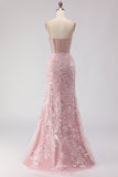 Blush Sparkly Floral Sequin Lace Long Corset Prom Dress with Rhinestone