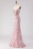 Blush Sparkly Floral Sequin Lace Long Corset Prom Dress with Rhinestone