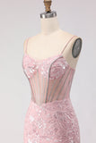 Blush Sparkly Floral Sequin Lace Long Corset Prom Dress with Rhinestone