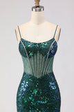Dark Green Sparkly Lace Sequin Floral Long Corset Prom Dress with Rhinestone