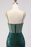 Dark Green Sparkly Lace Sequin Floral Long Corset Prom Dress with Rhinestone