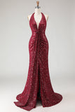 Burgundy Sequin Halter Neck Mermaid Backless Long Prom Dress with Slit