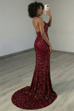 Burgundy Sequin Halter Neck Ruched Backless Maxi Prom Dress with Slit