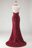 Burgundy Sequin Halter Neck Mermaid Backless Long Prom Dress with Slit