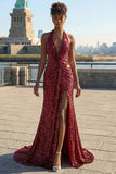 Burgundy Sequin Halter Neck Ruched Backless Maxi Prom Dress with Slit