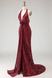 Burgundy Sequin Halter Neck Mermaid Backless Long Prom Dress with Slit