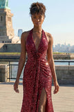 Burgundy Sequin Halter Neck Ruched Backless Maxi Prom Dress with Slit