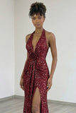 Burgundy Sequin Halter Neck Ruched Backless Maxi Prom Dress with Slit