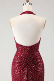 Burgundy Sequin Halter Neck Mermaid Backless Long Prom Dress with Slit