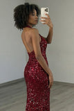 Burgundy Sequin Halter Neck Ruched Backless Maxi Prom Dress with Slit
