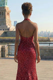 Burgundy Sequin Halter Neck Ruched Backless Maxi Prom Dress with Slit