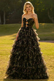 Black Floral Tiered Ball Gown Sweetheart Long Tulle Prom Dress with Bows
