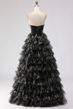 Black Floral Tiered Ball Gown Sweetheart Long Tulle Prom Dress with Bows