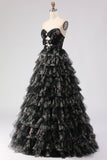 Black Floral Tiered Ball Gown Sweetheart Long Tulle Prom Dress with Bows