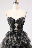 Black Floral Tiered Ball Gown Sweetheart Long Tulle Prom Dress with Bows
