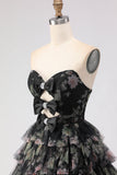 Black Floral Tiered Ball Gown Sweetheart Long Tulle Prom Dress with Bows