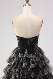 Black Floral Tiered Ball Gown Sweetheart Long Tulle Prom Dress with Bows