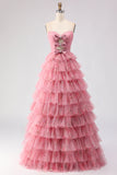 Pink A Line Tulle Floral Sweetheart Tiered Long Prom Dress with Bows