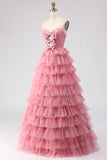 Pink A Line Tulle Floral Sweetheart Tiered Long Prom Dress with Bows