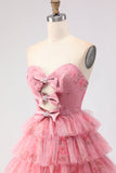 Pink A Line Tulle Floral Sweetheart Tiered Long Prom Dress with Bows