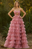 Floral Pink Ball Gown Tiered Sweetheart Tulle Maxi Prom Dress with Ruffles