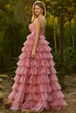 Floral Pink Ball Gown Tiered Sweetheart Tulle Maxi Prom Dress with Ruffles