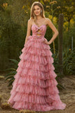 Floral Pink Ball Gown Tiered Sweetheart Tulle Maxi Prom Dress with Ruffles