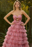 Floral Pink Ball Gown Tiered Sweetheart Tulle Maxi Prom Dress with Ruffles