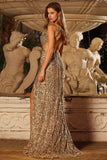 Sparkly Gold Sequin One Shoulder Maxi Prom Dress with Keyhole