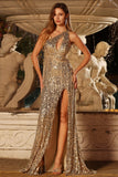 Sparkly Gold Sequin One Shoulder Maxi Prom Dress with Keyhole