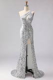 Sparkly Silver Mermaid Sequin Long Prom Dress with Slit