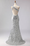 Sparkly Silver Mermaid Sequin Long Prom Dress with Slit