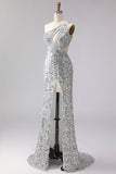 Sparkly Silver Mermaid Sequin Long Prom Dress with Slit