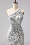 Sparkly Silver Mermaid Sequin Long Prom Dress with Slit