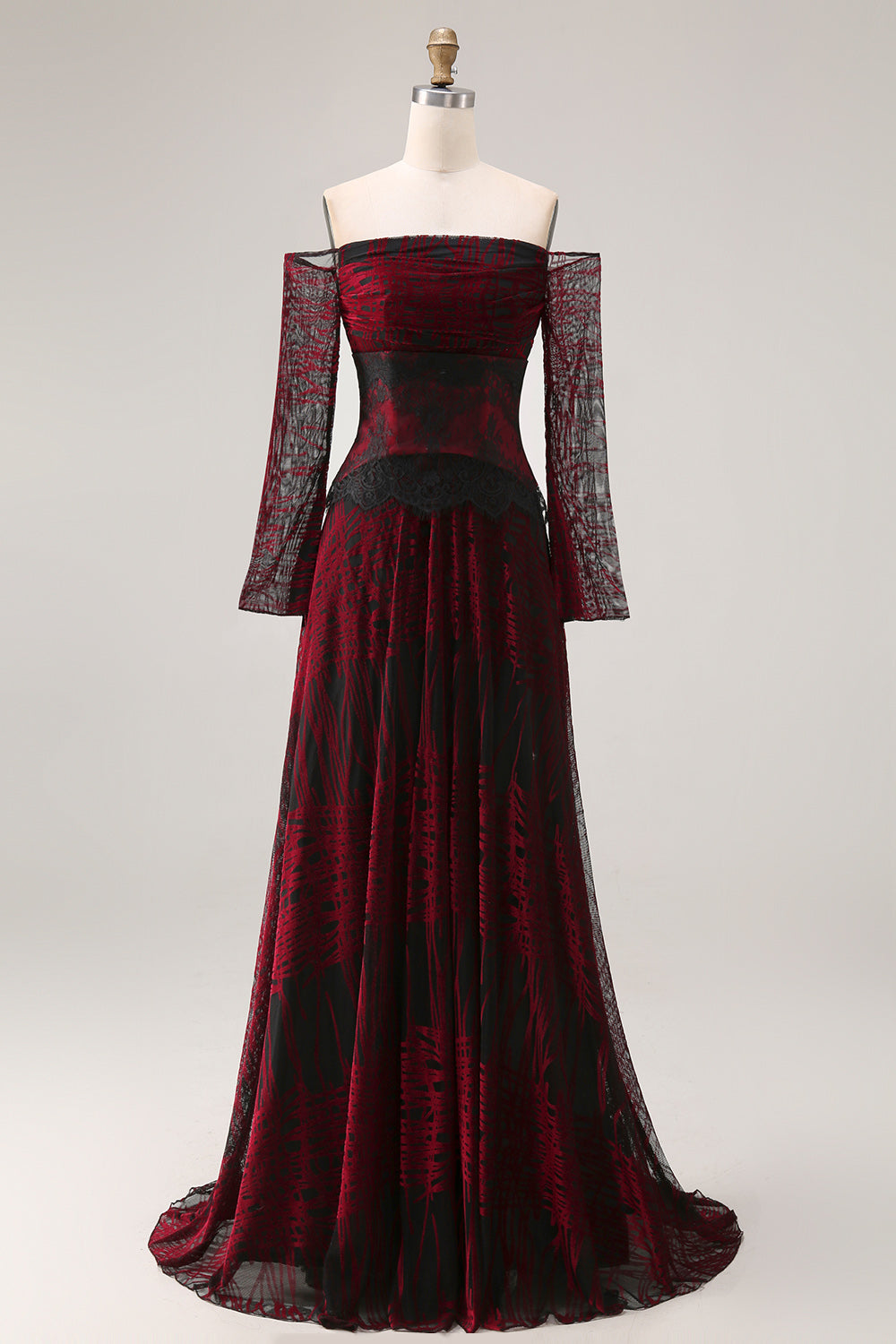 Leely Women Black and Red Long Vintage Prom Dress with Lace Off the