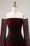 Black and Red A Line Long Off the Shoulder Prom Dress with Lace