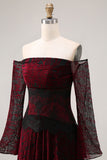 Black and Red A Line Long Off the Shoulder Prom Dress with Lace