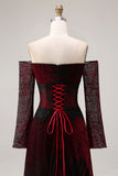 Black and Red A Line Long Off the Shoulder Prom Dress with Lace