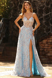 Floral Blue Sparkly Beaded Sheer Boned Corset Maxi Prom Dress with Slit
