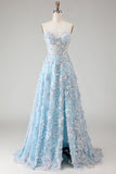 Sparkly Blue A Line Floral Beaded Long Corset Prom Dress with Slit