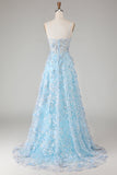 Sparkly Blue A Line Floral Beaded Long Corset Prom Dress with Slit