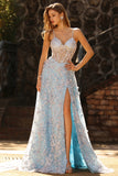 Floral Blue Sparkly Beaded Sheer Boned Corset Maxi Prom Dress with Slit