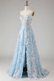 Sparkly Blue A Line Floral Beaded Long Corset Prom Dress with Slit