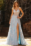 Floral Blue Sparkly Beaded Sheer Boned Corset Maxi Prom Dress with Slit