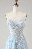 Sparkly Blue A Line Floral Beaded Long Corset Prom Dress with Slit