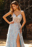 Floral Blue Sparkly Beaded Sheer Boned Corset Maxi Prom Dress with Slit