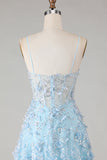 Sparkly Blue A Line Floral Beaded Long Corset Prom Dress with Slit
