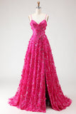 Sparkly Fuchsia Floral A-Line Beaded Long Corset Prom Dress with Slit