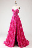 Sparkly Fuchsia Floral A-Line Beaded Long Corset Prom Dress with Slit